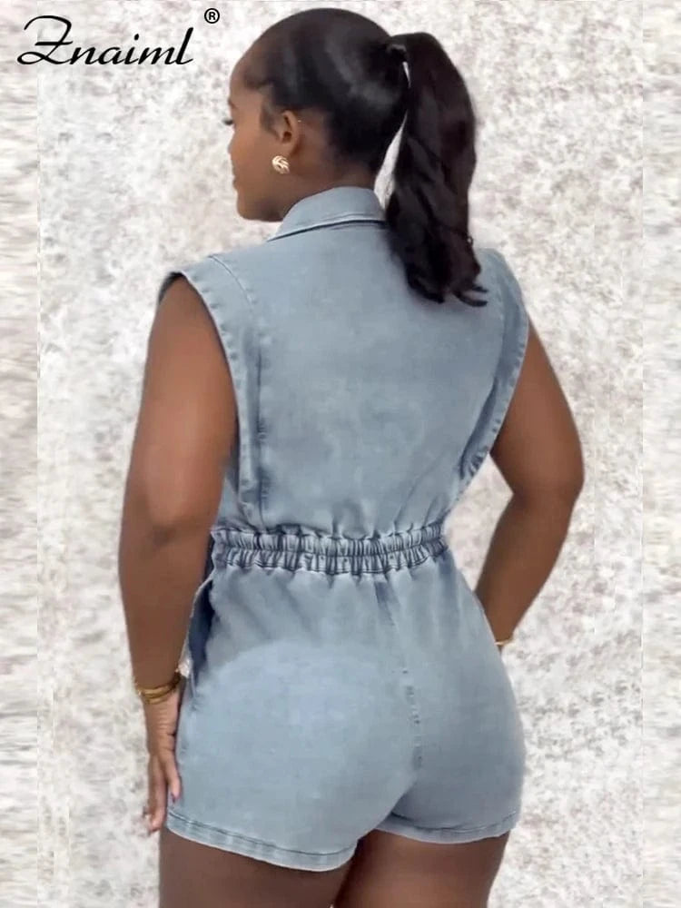 Znaiml Women Lapel Sleeveless Playsuits Fashion Denim Blue Shorts Jumpsuits Hollow Out Button Overalls Jeans One Pieces Rompers