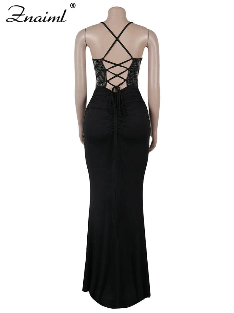 Znaiml Women Luxury Elegant Spaghetti Strap Backless Rhinestone Beading Mermaid Black Long Gowns Dress Evening Christmas Party