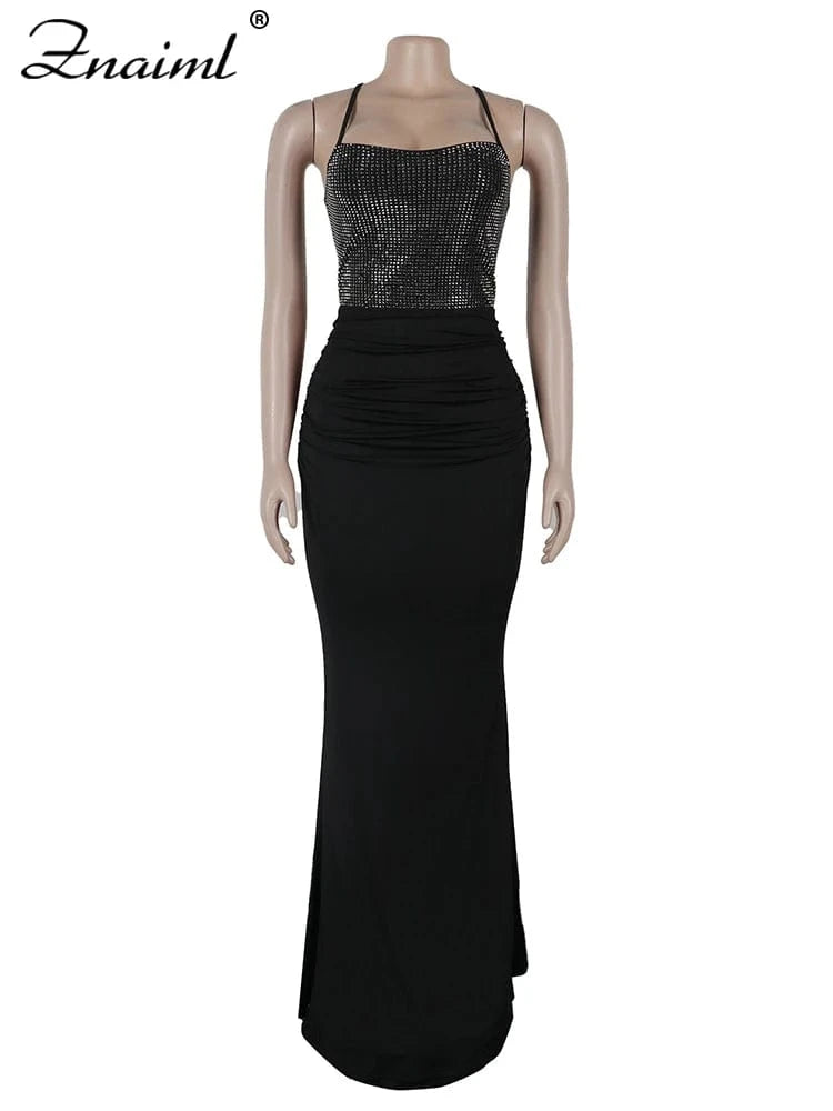 Znaiml Women Luxury Elegant Spaghetti Strap Backless Rhinestone Beading Mermaid Black Long Gowns Dress Evening Christmas Party