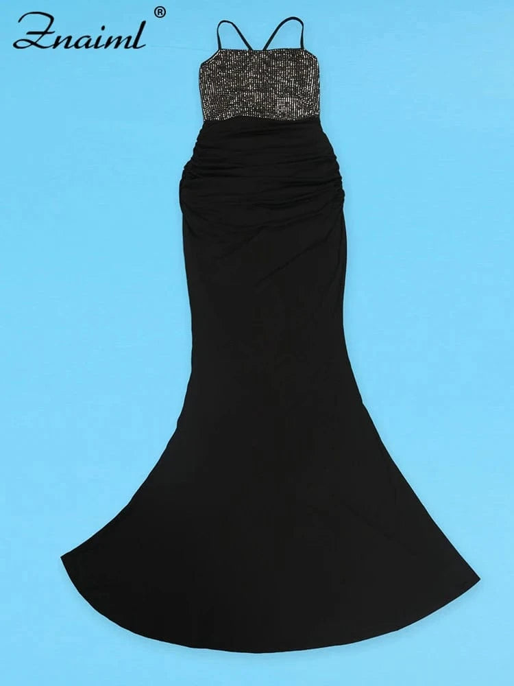 Znaiml Women Luxury Elegant Spaghetti Strap Backless Rhinestone Beading Mermaid Black Long Gowns Dress Evening Christmas Party