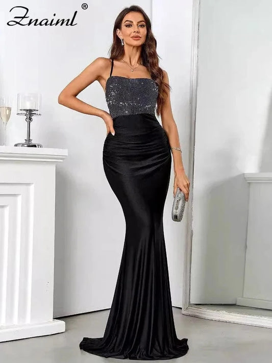 Znaiml Women Luxury Elegant Spaghetti Strap Backless Rhinestone Beading Mermaid Black Long Gowns Dress Evening Christmas Party