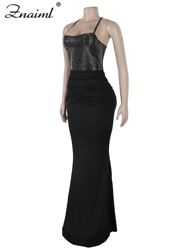Znaiml Women Luxury Elegant Spaghetti Strap Backless Rhinestone Beading Mermaid Black Long Gowns Dress Evening Christmas Party