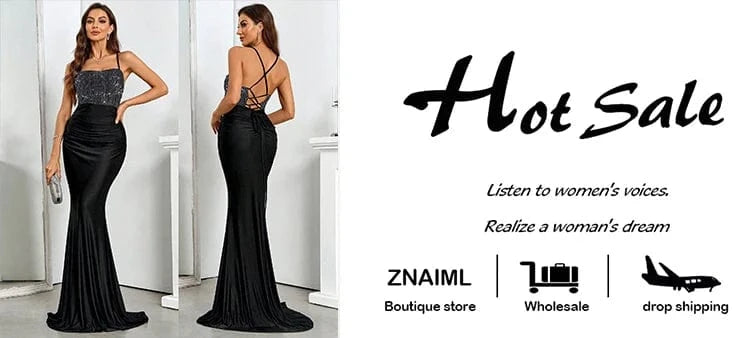 Znaiml Women Luxury Elegant Spaghetti Strap Backless Rhinestone Beading Mermaid Black Long Gowns Dress Evening Christmas Party