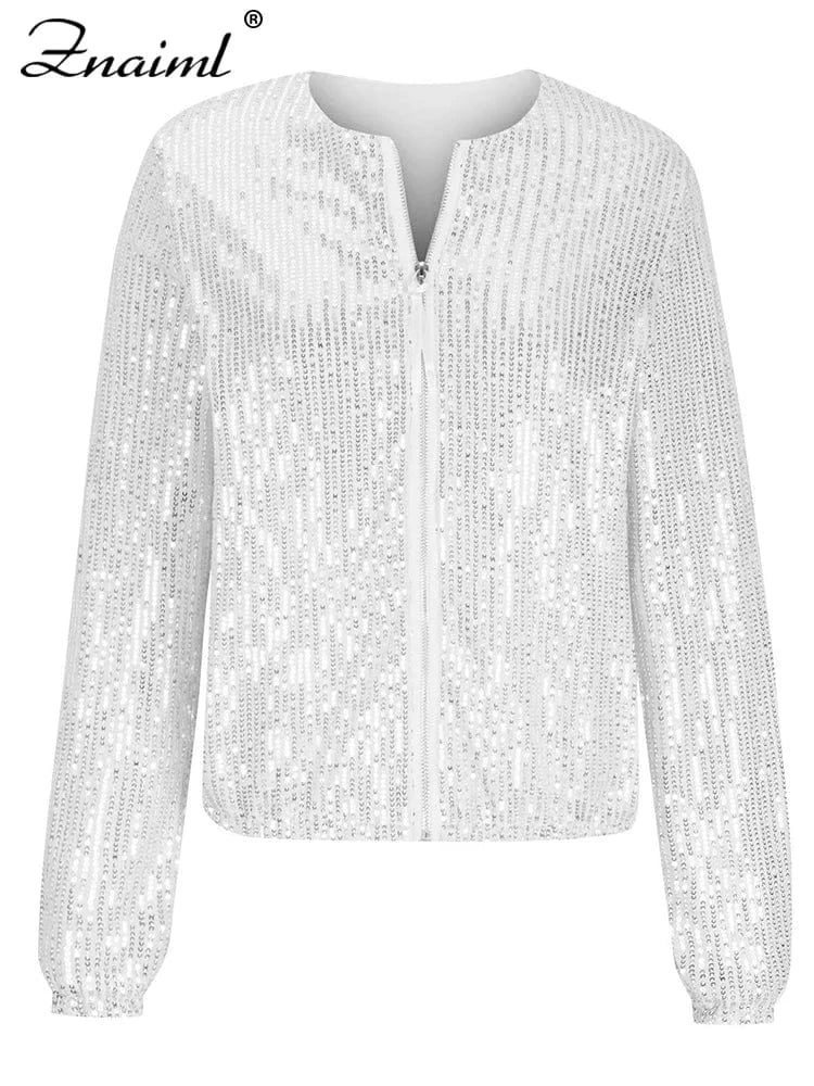 Znaiml Women Luxury Sequin Jacket Y2k Harajuku Green Color Zipper Long Sleeve Short Coat Autumn Winter Ladies Night Clubwear New