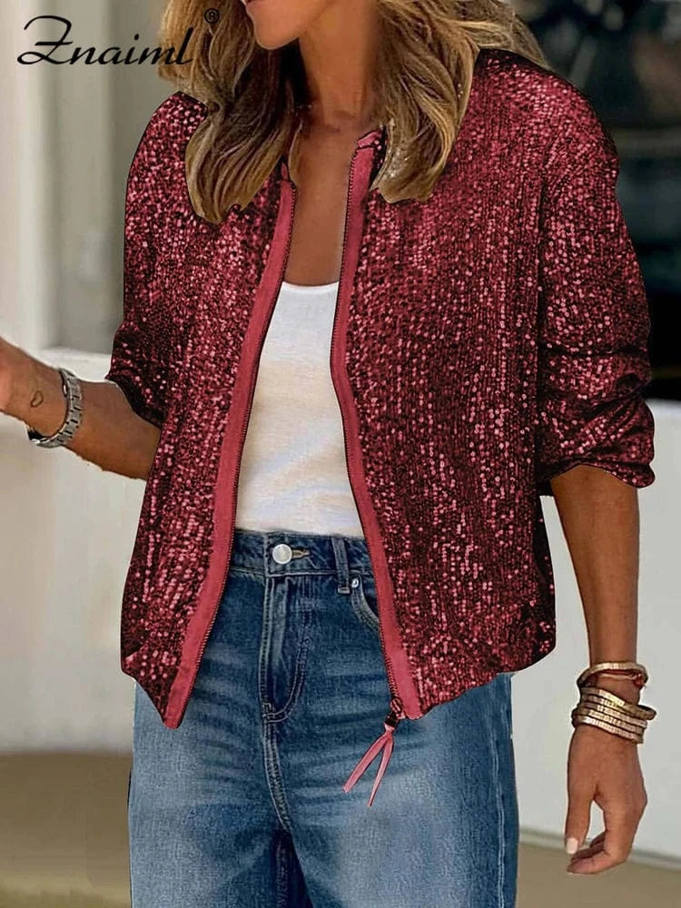 Znaiml Women Luxury Sequin Jacket Y2k Harajuku Green Color Zipper Long Sleeve Short Coat Autumn Winter Ladies Night Clubwear New