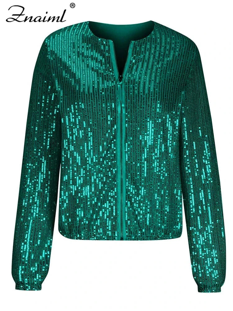 Znaiml Women Luxury Sequin Jacket Y2k Harajuku Green Color Zipper Long Sleeve Short Coat Autumn Winter Ladies Night Clubwear New