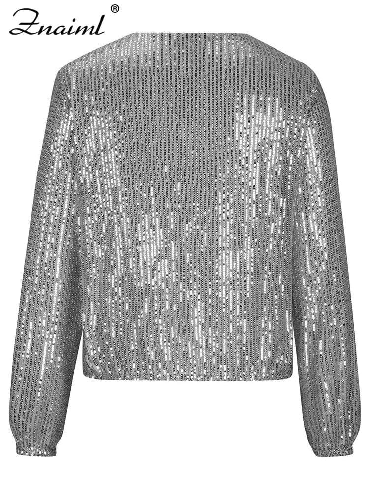 Znaiml Women Luxury Sequin Jacket Y2k Harajuku Green Color Zipper Long Sleeve Short Coat Autumn Winter Ladies Night Clubwear New