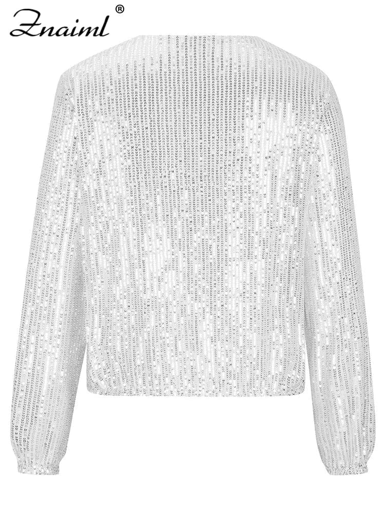 Znaiml Women Luxury Sequin Jacket Y2k Harajuku Green Color Zipper Long Sleeve Short Coat Autumn Winter Ladies Night Clubwear New