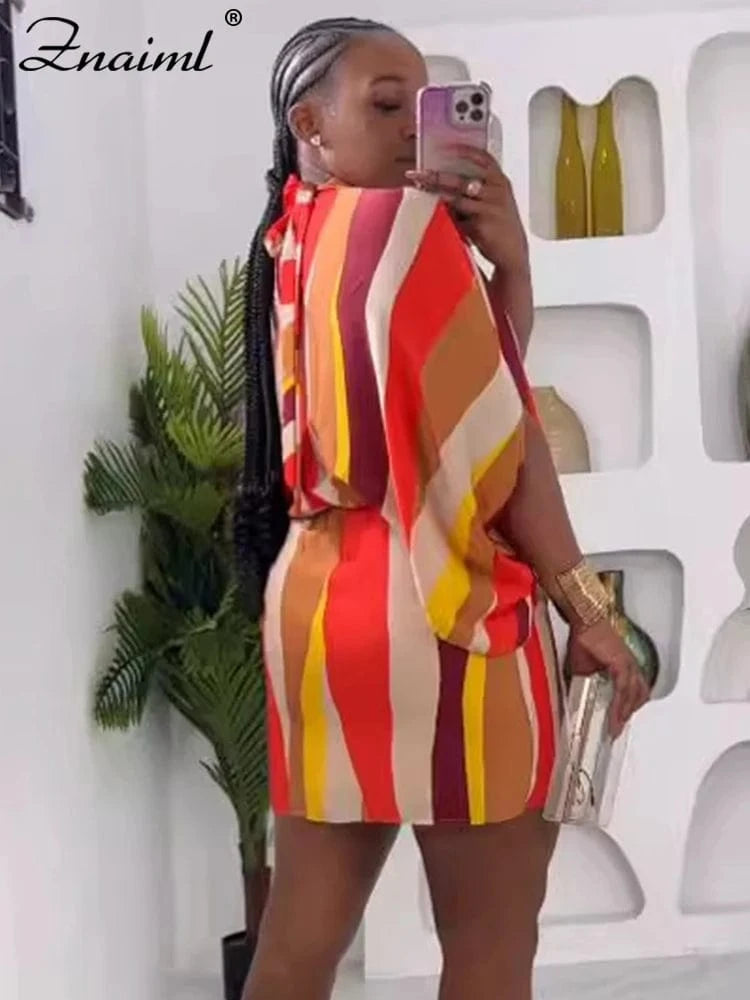 Znaiml Women‘s African Batwing Sleeve Striped Print Mini Dress Birthday O Neck Loose Night Club Female Vestidos Beach Elegant
