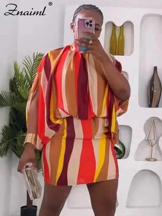 Znaiml Women‘s African Batwing Sleeve Striped Print Mini Dress Birthday O Neck Loose Night Club Female Vestidos Beach Elegant