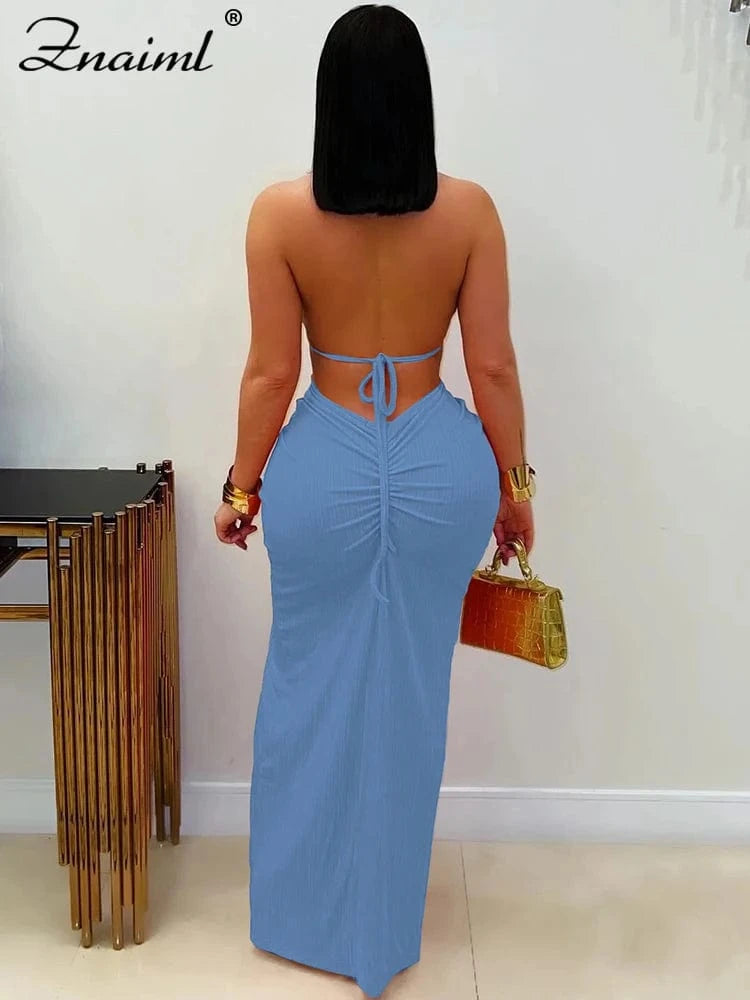 Znaiml Women's Elegant Evening Halter Hollow Backless Slit Bodycon Maxi Dresses Sexy Beach Holiday Party Club Birthday Vestidos