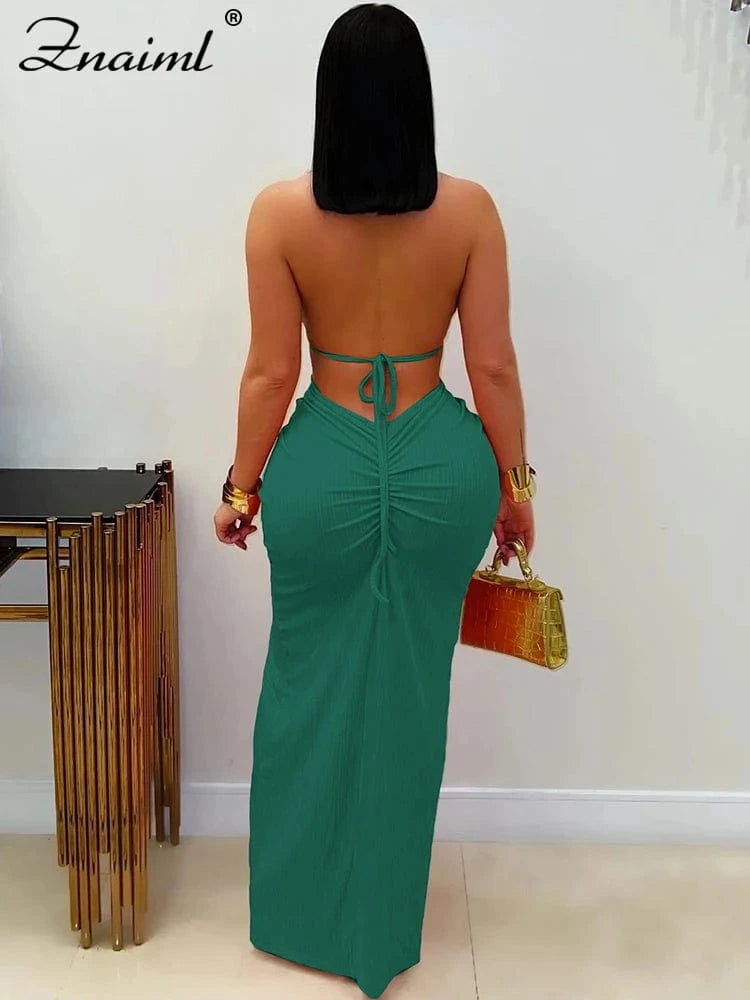 Znaiml Women's Elegant Evening Halter Hollow Backless Slit Bodycon Maxi Dresses Sexy Beach Holiday Party Club Birthday Vestidos