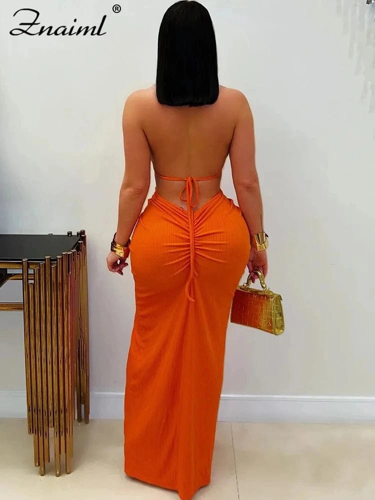 Znaiml Women's Elegant Evening Halter Hollow Backless Slit Bodycon Maxi Dresses Sexy Beach Holiday Party Club Birthday Vestidos
