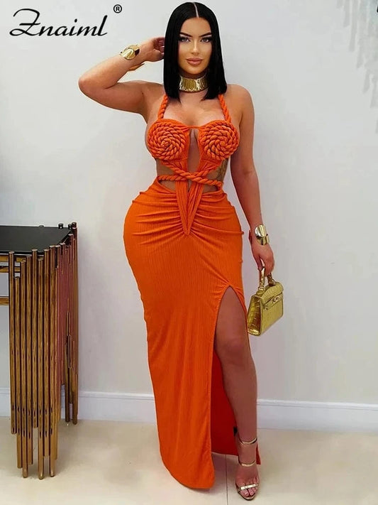 Znaiml Women's Elegant Evening Halter Hollow Backless Slit Bodycon Maxi Dresses Sexy Beach Holiday Party Club Birthday Vestidos