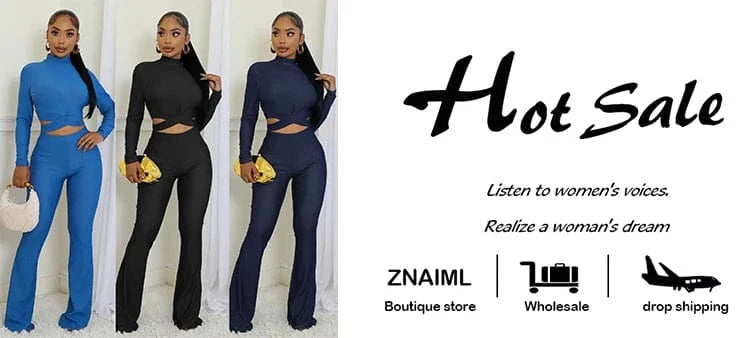 Znaiml Women's Full Sleeve Cross Hollow Out Crop Tops and Flare Pants Set Spring Fall Fitness Sports Blue Two 2 Piece Outfits