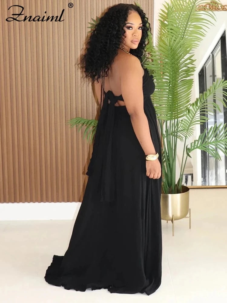 Znaiml Women's Halter Sleeveless Backless Deep V-neck A-Line Long Dress for Autumn Vacation Sexy Party Birthday Evening Vestidos