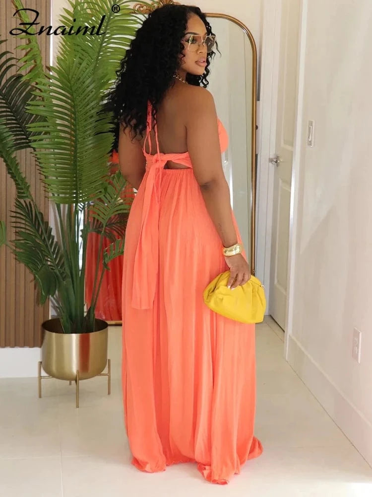 Znaiml Women's Halter Sleeveless Backless Deep V-neck A-Line Long Dress for Autumn Vacation Sexy Party Birthday Evening Vestidos