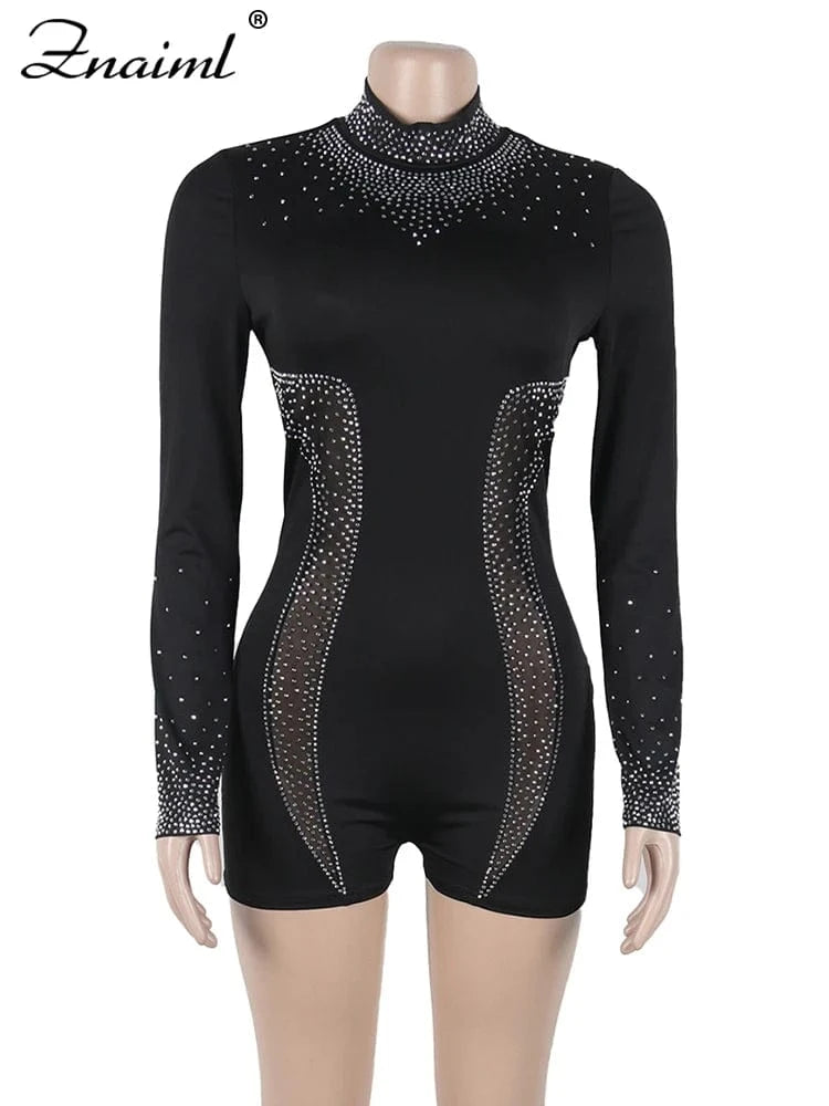 Znaiml Women's Long Sleeve O Neck Short Jumpsuit with Rhinestone Sheer See Through Stretch Bodycon for Nightclub Birthday Party