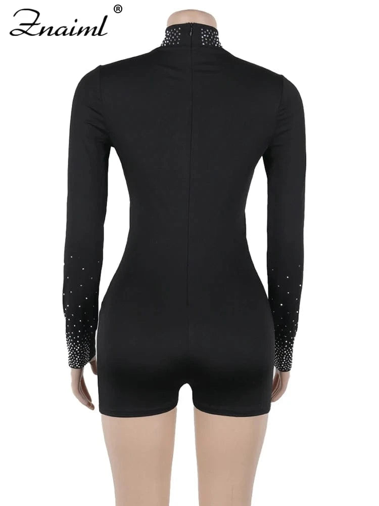 Znaiml Women's Long Sleeve O Neck Short Jumpsuit with Rhinestone Sheer See Through Stretch Bodycon for Nightclub Birthday Party