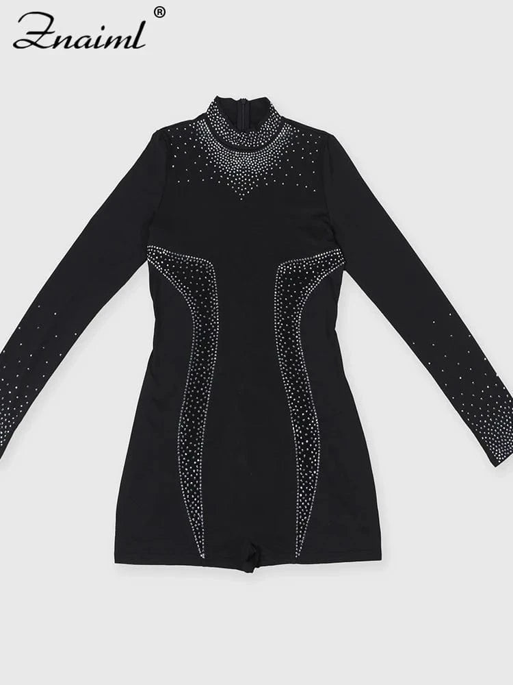 Znaiml Women's Long Sleeve O Neck Short Jumpsuit with Rhinestone Sheer See Through Stretch Bodycon for Nightclub Birthday Party