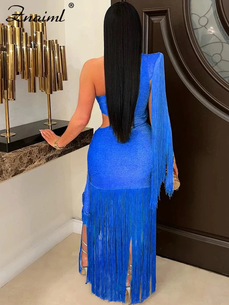 Znaiml Women's One Shoulder Diagonal Collar Fringe Dress Summer Hollow Out Tassel Vacation Birthday Evening Night Club Vestidos