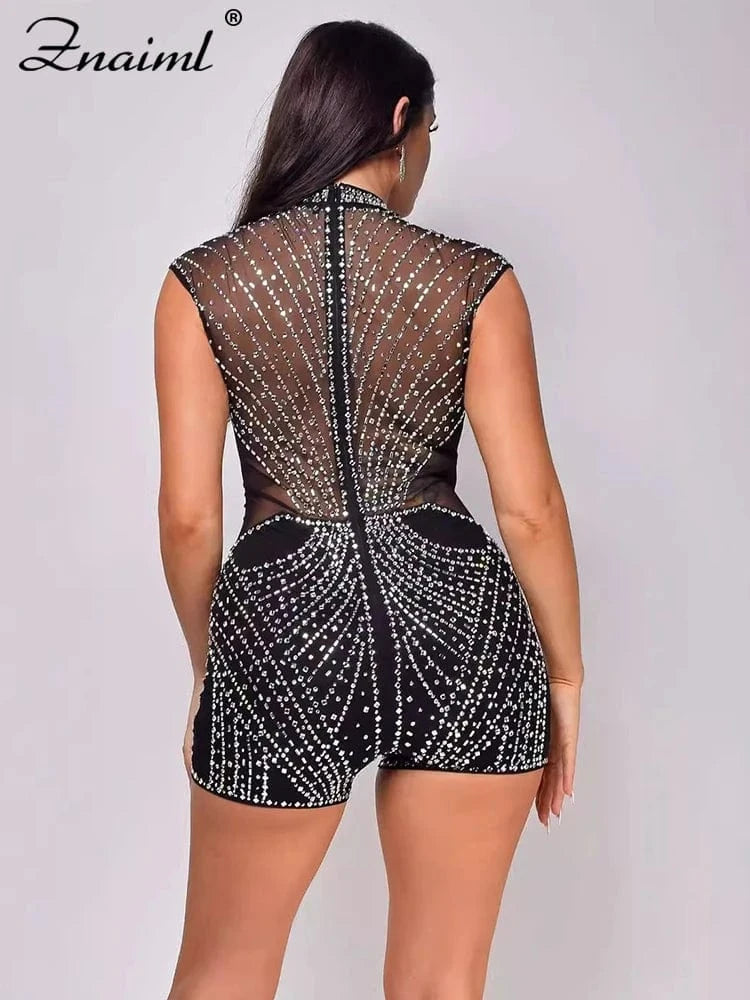 Znaiml Women's Short Jumpsuits Black Rhinestone Sleeveless Romper Birthday Mesh See Through Skinny One Pieces Playsuits Clubwear