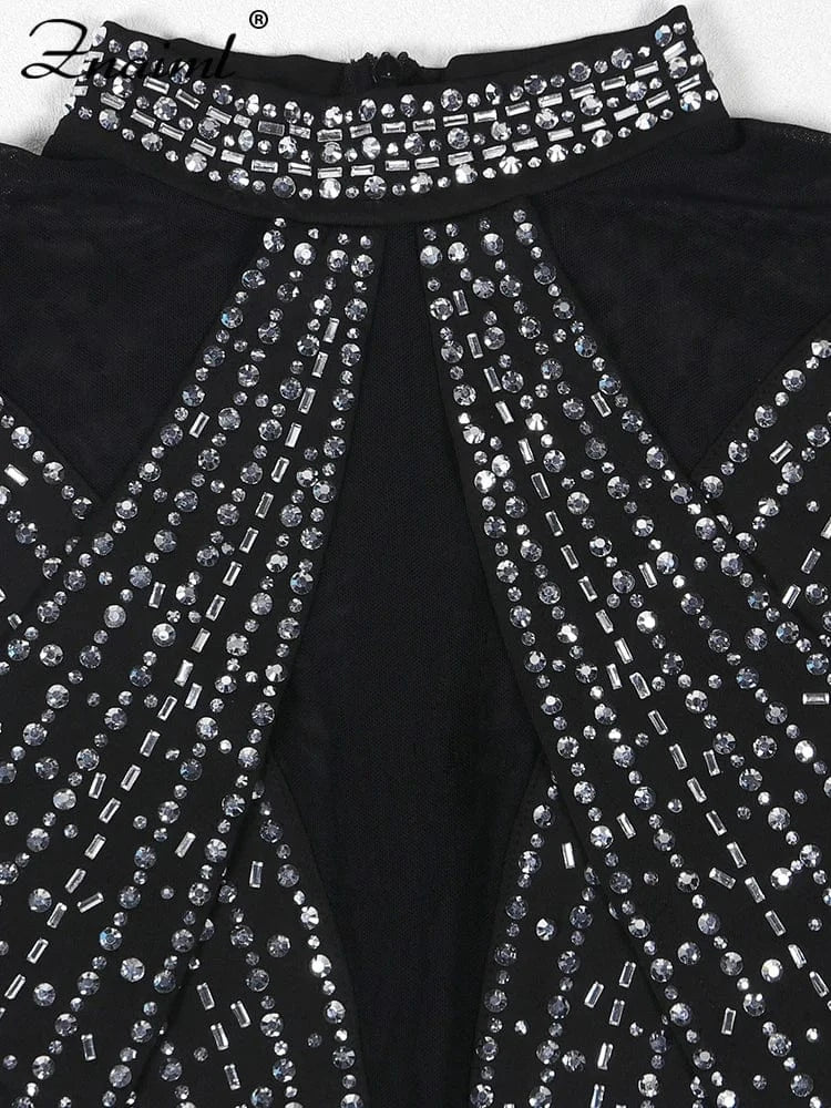 Znaiml Women's Short Jumpsuits Black Rhinestone Sleeveless Romper Birthday Mesh See Through Skinny One Pieces Playsuits Clubwear