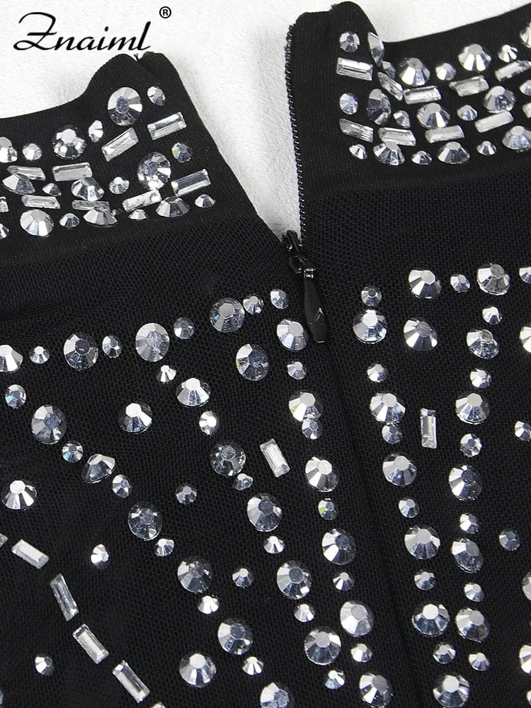 Znaiml Women's Short Jumpsuits Black Rhinestone Sleeveless Romper Birthday Mesh See Through Skinny One Pieces Playsuits Clubwear