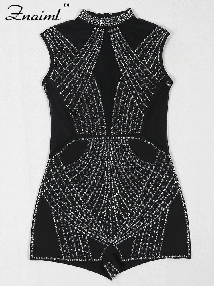 Znaiml Women's Short Jumpsuits Black Rhinestone Sleeveless Romper Birthday Mesh See Through Skinny One Pieces Playsuits Clubwear