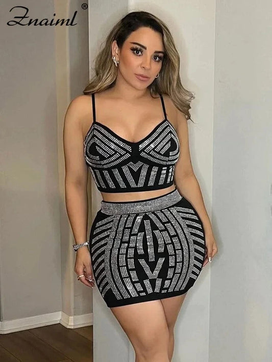 Znaiml Women Summer Two 2 Piece Dress Birthday Outfits Night Club Sparkle Black Rhinestone Crop Top and Mini Skirt Matching Set