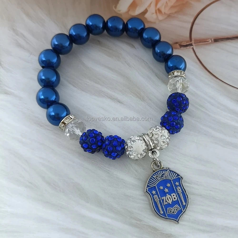 ZPB Greek Sorority Society Zeta Phi Beta Symbol White Blue Enamel Shield Charm Beads Bracelet Lady Jewelry
