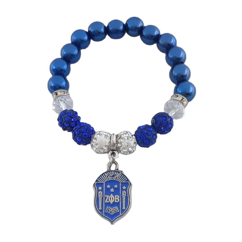 ZPB Greek Sorority Society Zeta Phi Beta Symbol White Blue Enamel Shield Charm Beads Bracelet Lady Jewelry
