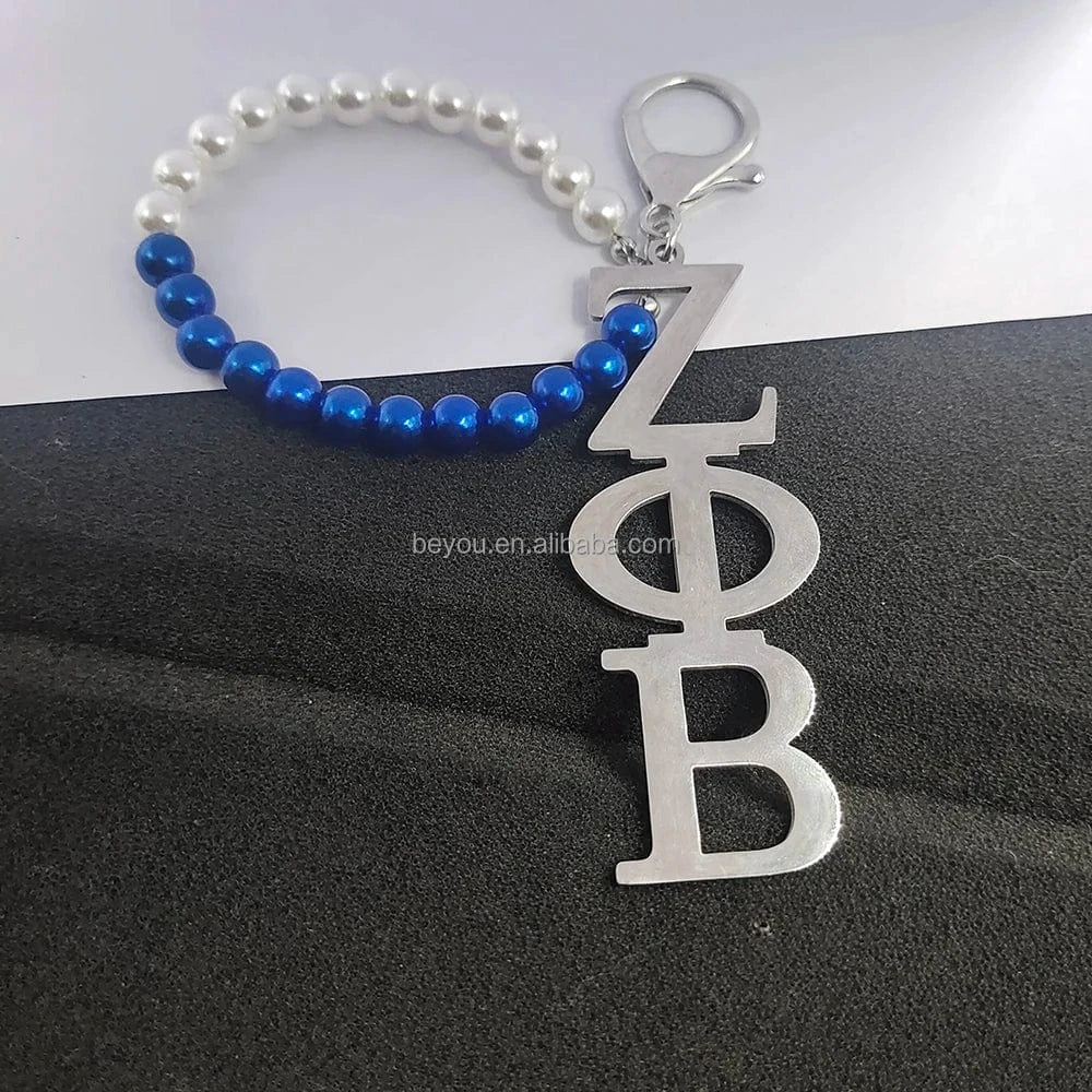 ZPB ZPB Greek Sorority Key Chain White Blue Pearl Stainless Letters Pendant Key Buckles Women's Jewelry Gifts Accessories