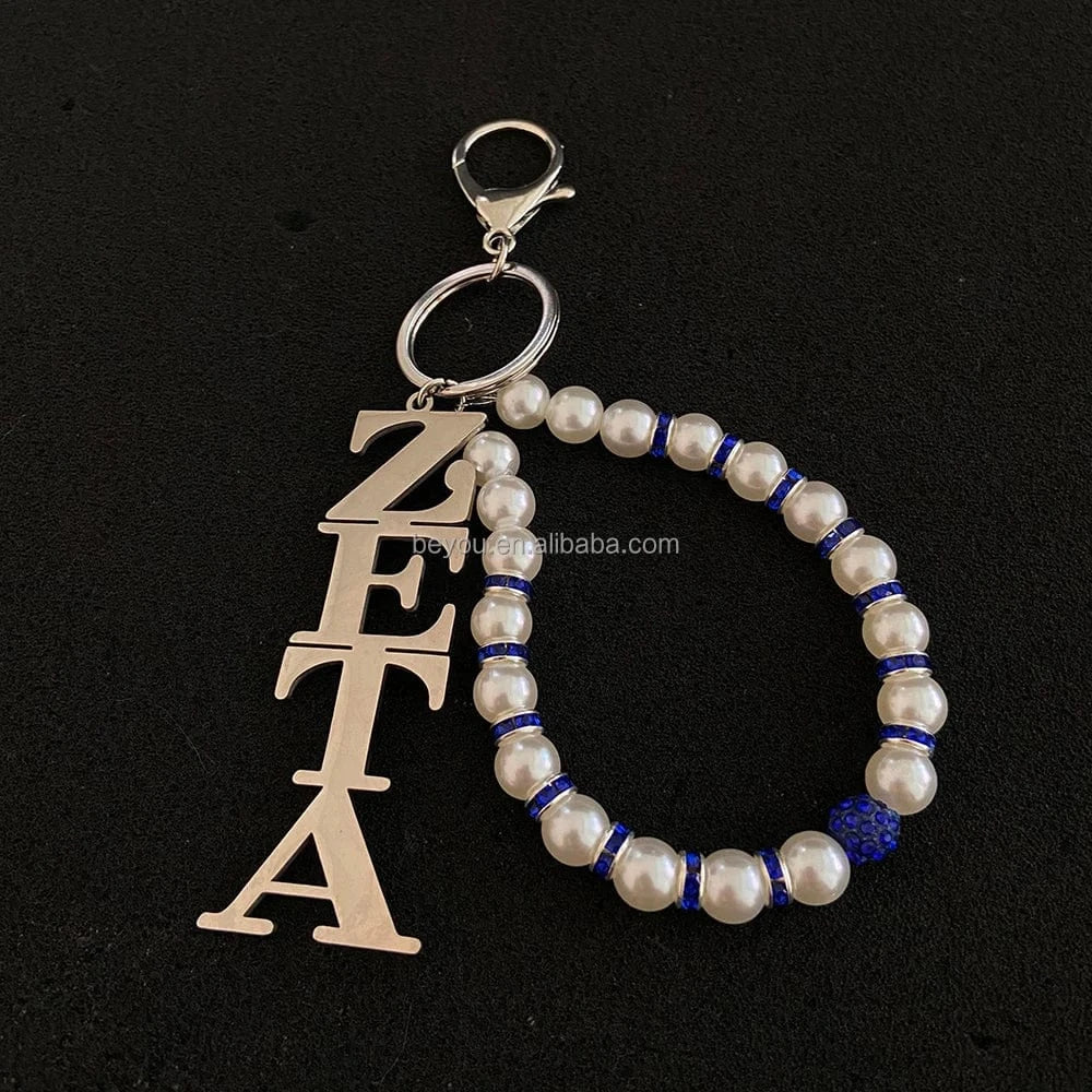 ZPB ZPB Greek Sorority Key Chain White Blue Pearl Stainless Letters Pendant Key Buckles Women's Jewelry Gifts Accessories