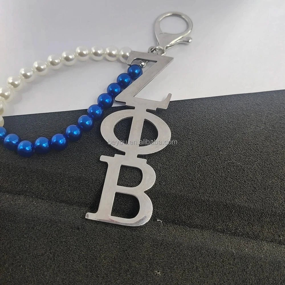 ZPB ZPB Greek Sorority Key Chain White Blue Pearl Stainless Letters Pendant Key Buckles Women's Jewelry Gifts Accessories
