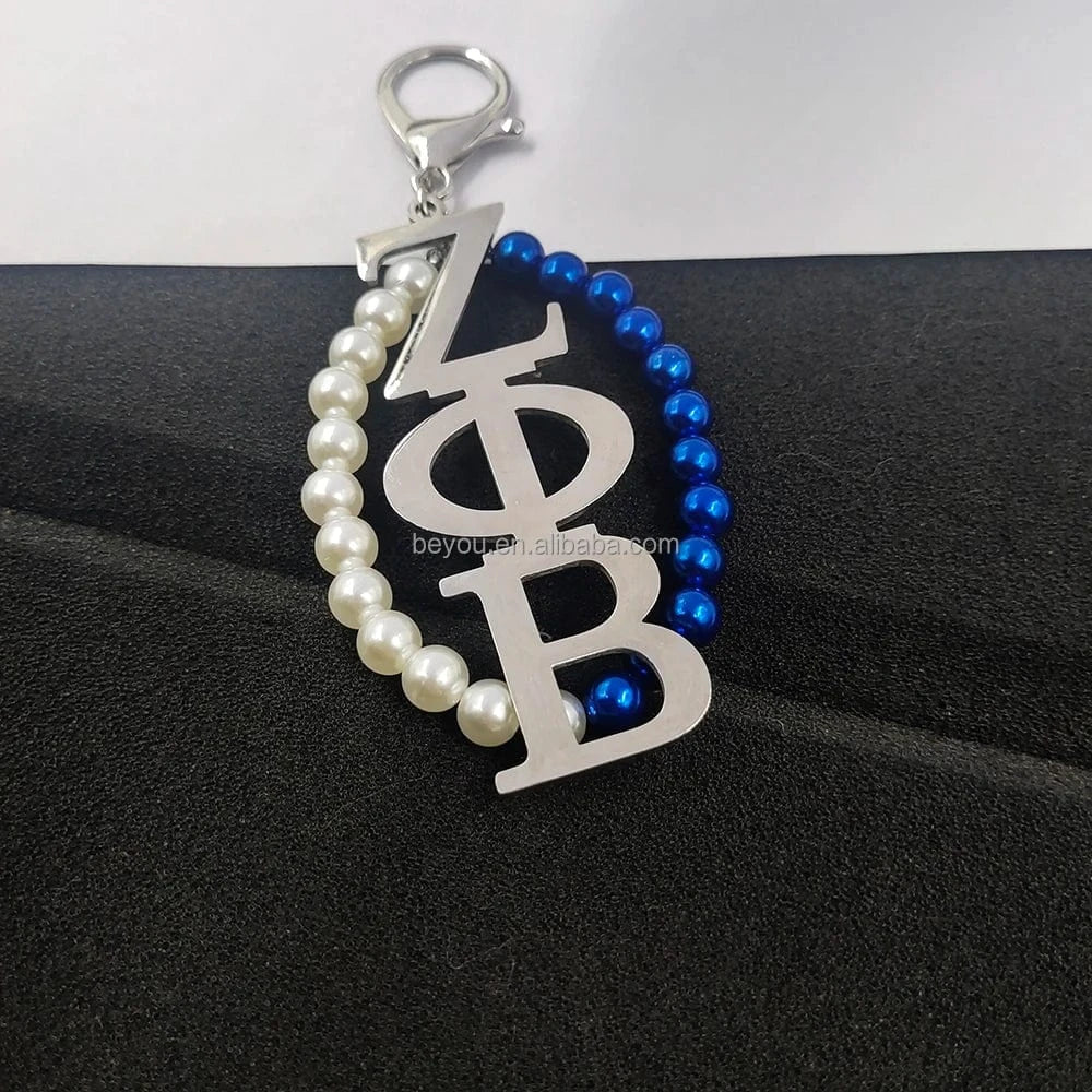 ZPB ZPB Greek Sorority Key Chain White Blue Pearl Stainless Letters Pendant Key Buckles Women's Jewelry Gifts Accessories