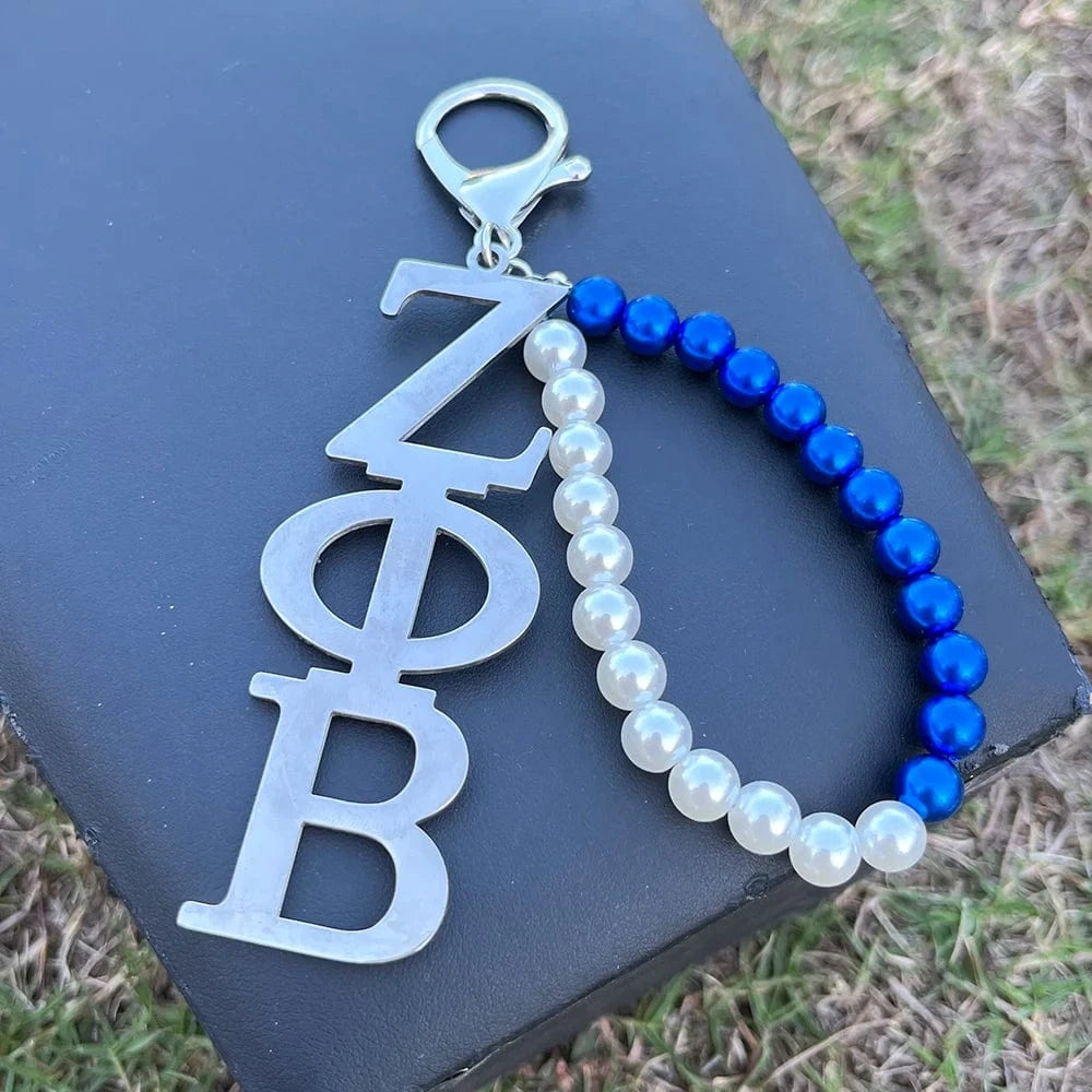 ZPB ZPB Greek Sorority Key Chain White Blue Pearl Stainless Letters Pendant Key Buckles Women's Jewelry Gifts Accessories