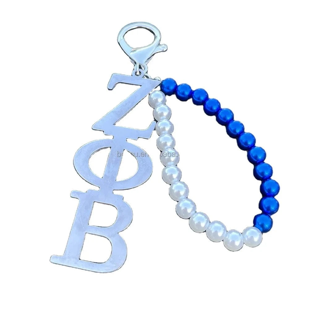 ZPB ZPB Greek Sorority Key Chain White Blue Pearl Stainless Letters Pendant Key Buckles Women's Jewelry Gifts Accessories