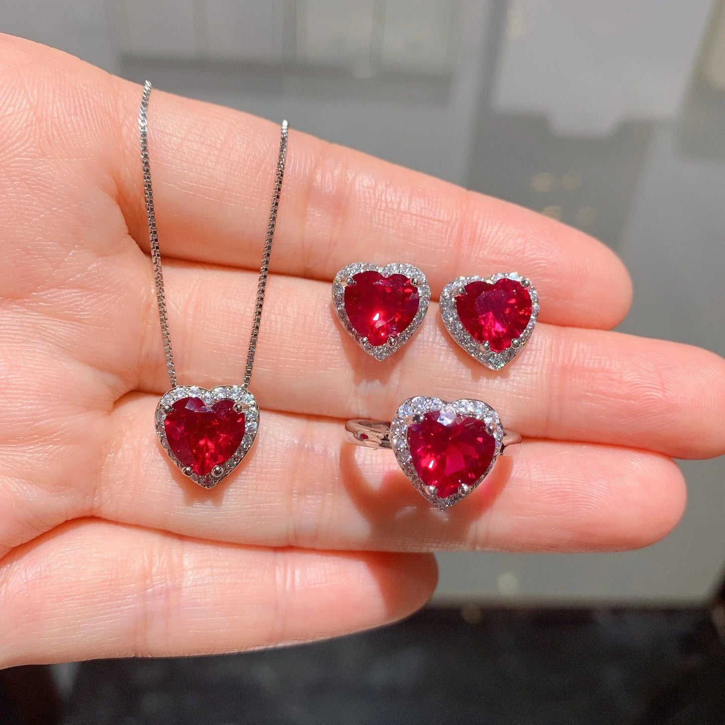 ZS066 RAKOL ZS036 Hot Selling Luxury Lovely Heart Pendant Necklace Red Zirconia Earring Jewelry Valentine's Gift Wedding Sets 2023