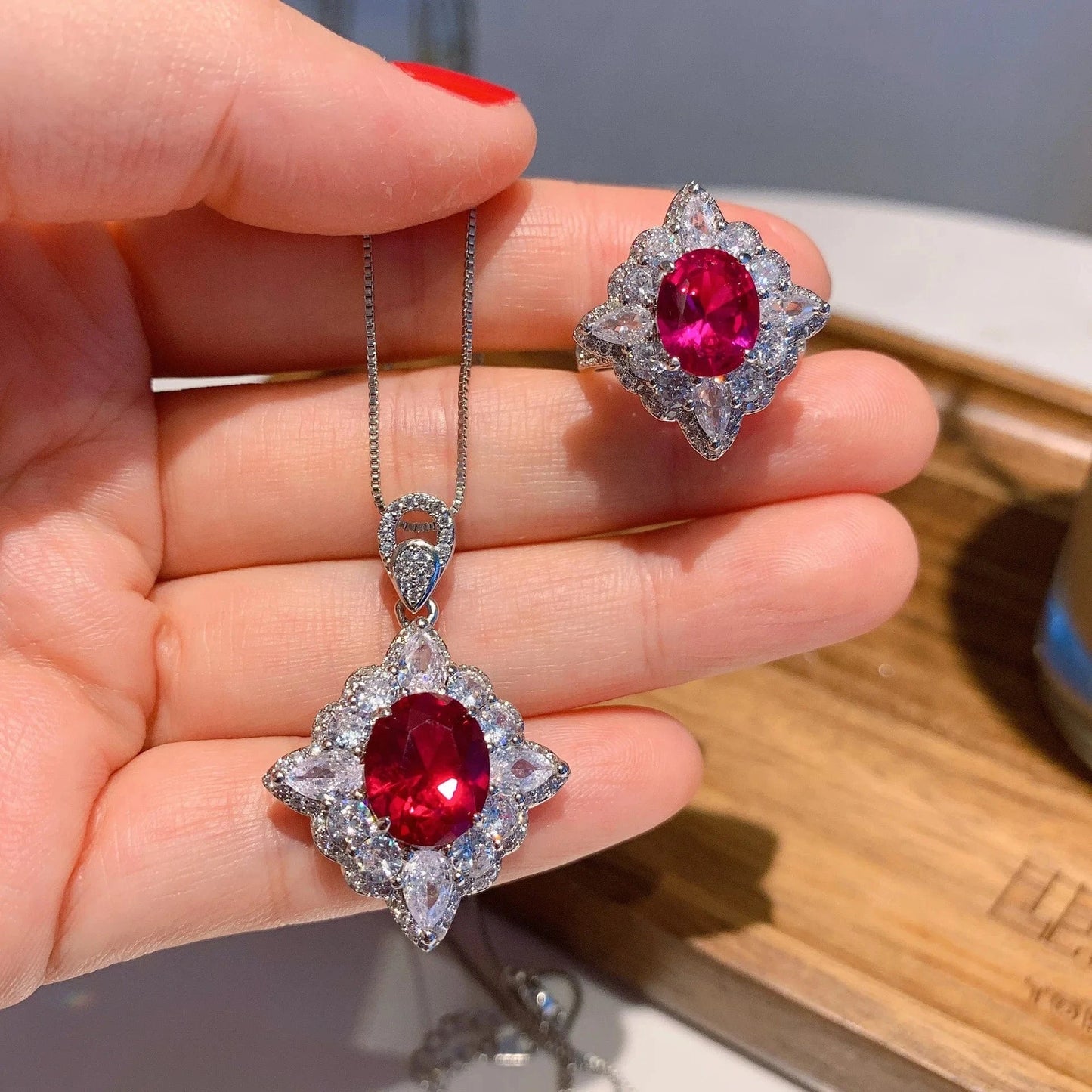 ZS215 RAKOL ZS036 Hot Selling Luxury Lovely Heart Pendant Necklace Red Zirconia Earring Jewelry Valentine's Gift Wedding Sets 2023