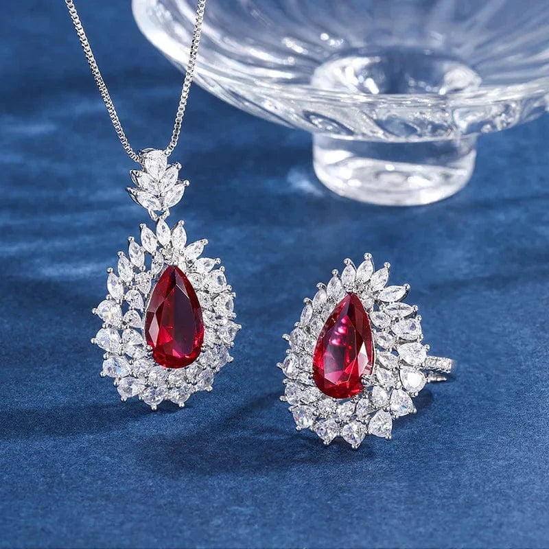 ZS225 RAKOL ZS036 Hot Selling Luxury Lovely Heart Pendant Necklace Red Zirconia Earring Jewelry Valentine's Gift Wedding Sets 2023