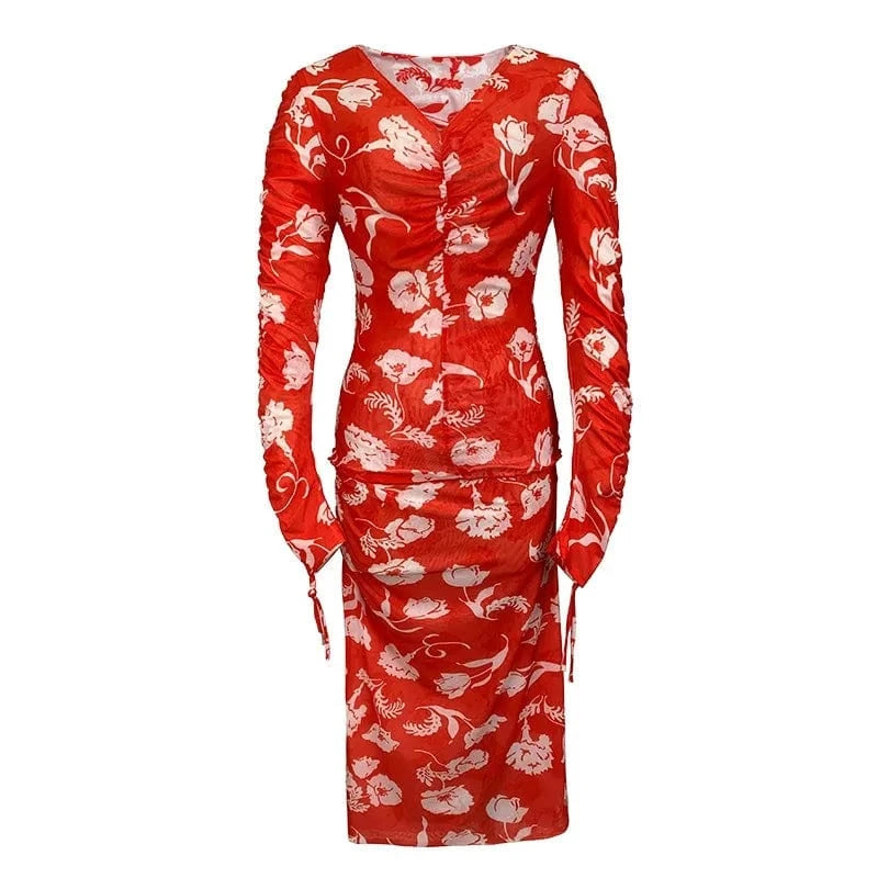 ZY.HT 5309 2024 Spring Retro V-Neck Red Print Long Sleeved Slim Slimming Stretch Mesh Two Piece Casual Skirt Set