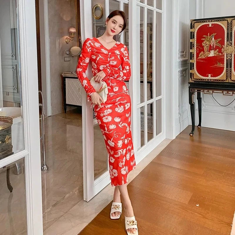 ZY.HT 5309 2024 Spring Retro V-Neck Red Print Long Sleeved Slim Slimming Stretch Mesh Two Piece Casual Skirt Set