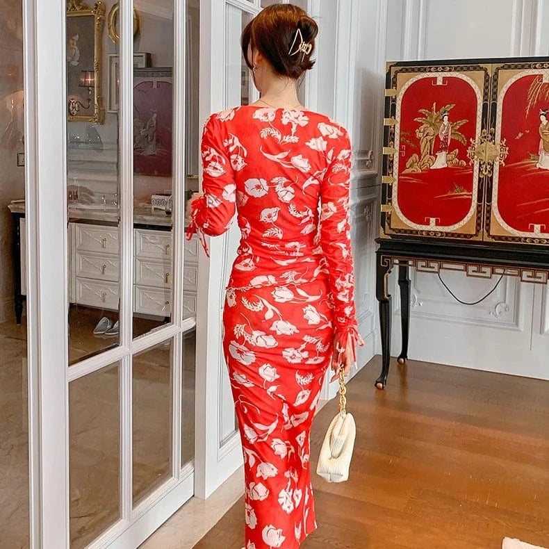 ZY.HT 5309 2024 Spring Retro V-Neck Red Print Long Sleeved Slim Slimming Stretch Mesh Two Piece Casual Skirt Set