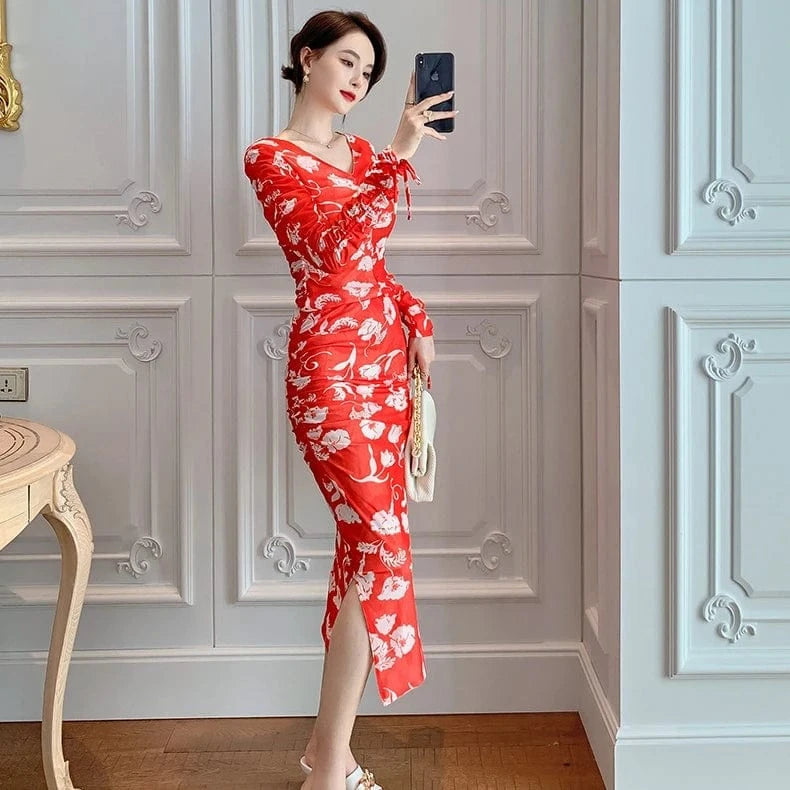 ZY.HT 5309 2024 Spring Retro V-Neck Red Print Long Sleeved Slim Slimming Stretch Mesh Two Piece Casual Skirt Set