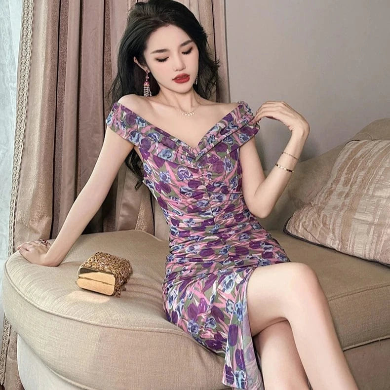 ZYHT 10357 2024 New Fashion Deep V Neck Sleeveless Ruffle Dress Women Summer Holiday Sexy Floral Print Split Dress