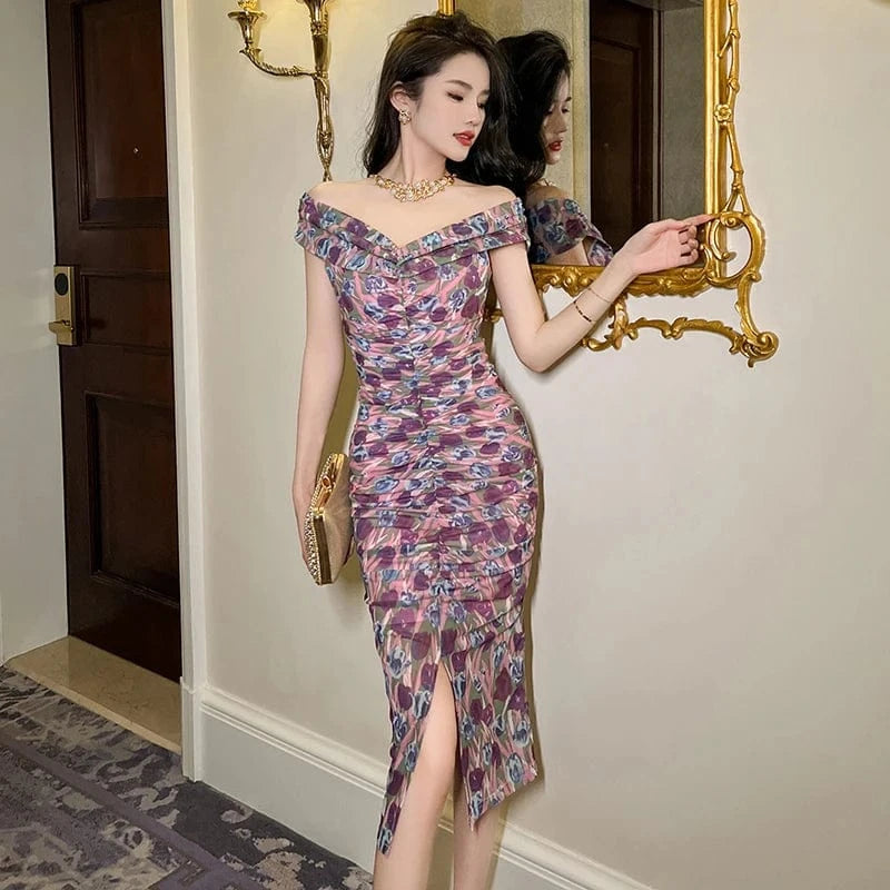 ZYHT 10357 2024 New Fashion Deep V Neck Sleeveless Ruffle Dress Women Summer Holiday Sexy Floral Print Split Dress