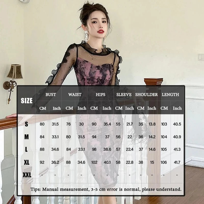 ZYHT 10799 2024 Spring Sexy Perspective Mesh Sheer Ruffle Knee-length Dress Pearl Diamond Decor One Piece Dress