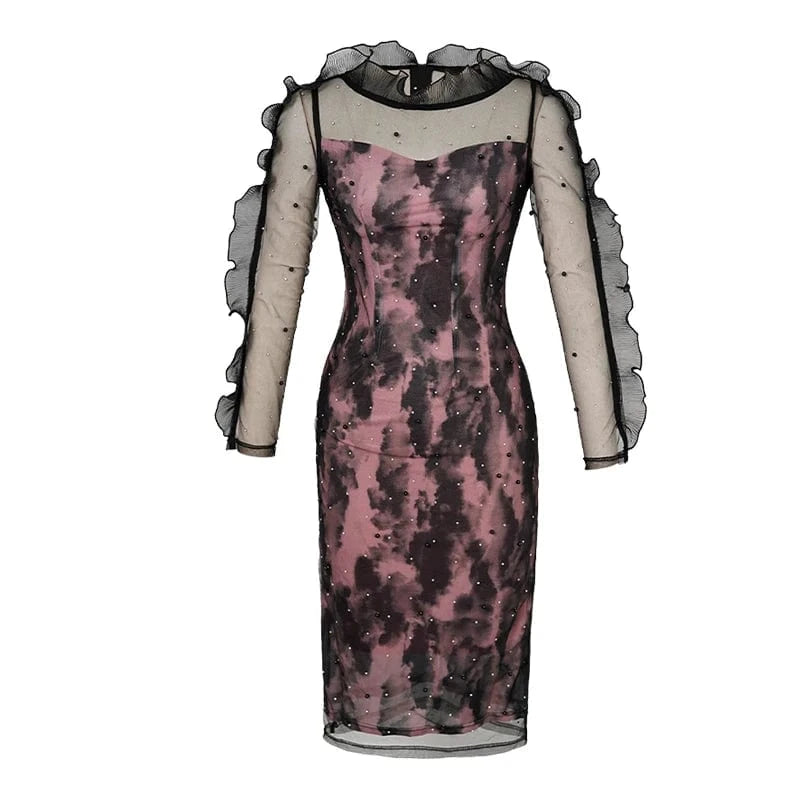 ZYHT 10799 2024 Spring Sexy Perspective Mesh Sheer Ruffle Knee-length Dress Pearl Diamond Decor One Piece Dress