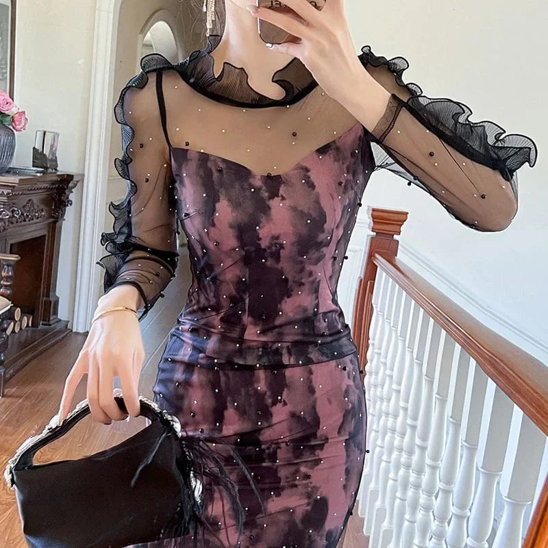 ZYHT 10799 2024 Spring Sexy Perspective Mesh Sheer Ruffle Knee-length Dress Pearl Diamond Decor One Piece Dress